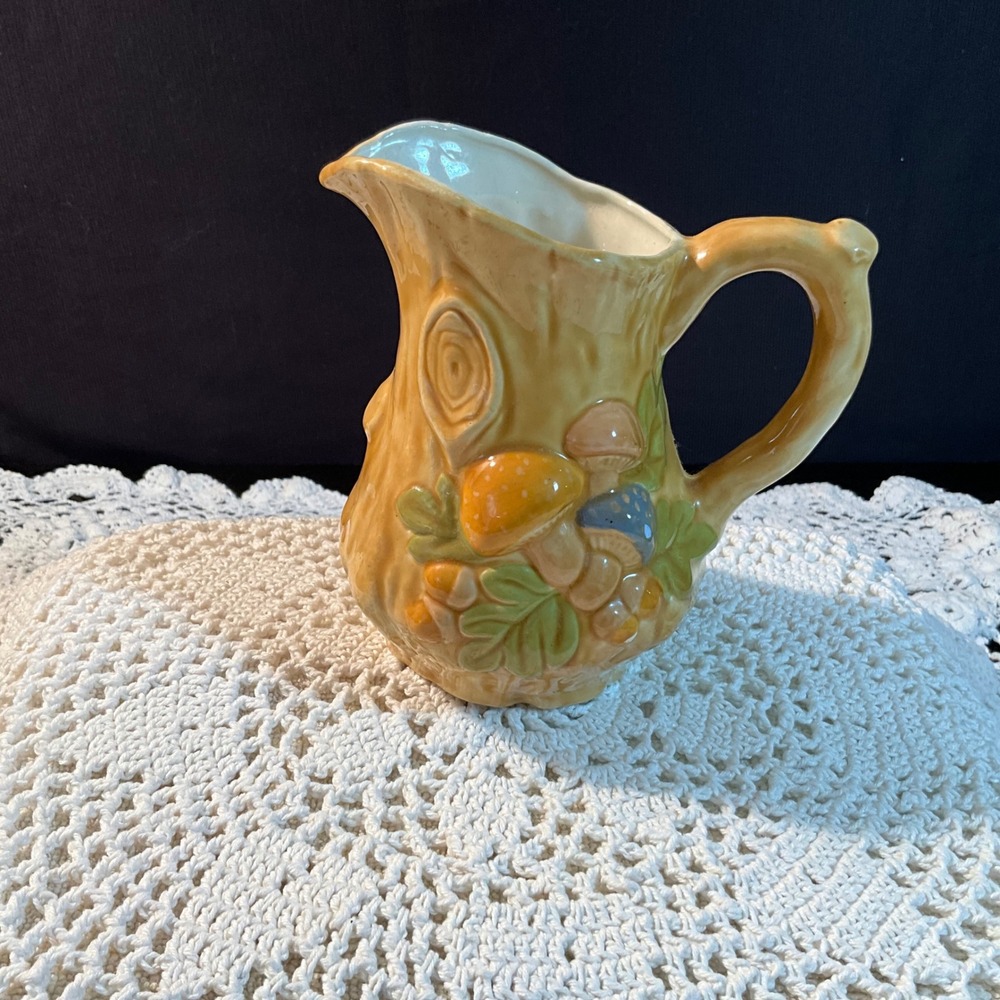 Vintage 1970's Mushroom Pitcher‎ Creamer Tree Trunk Ceramic Cottagecore Granny